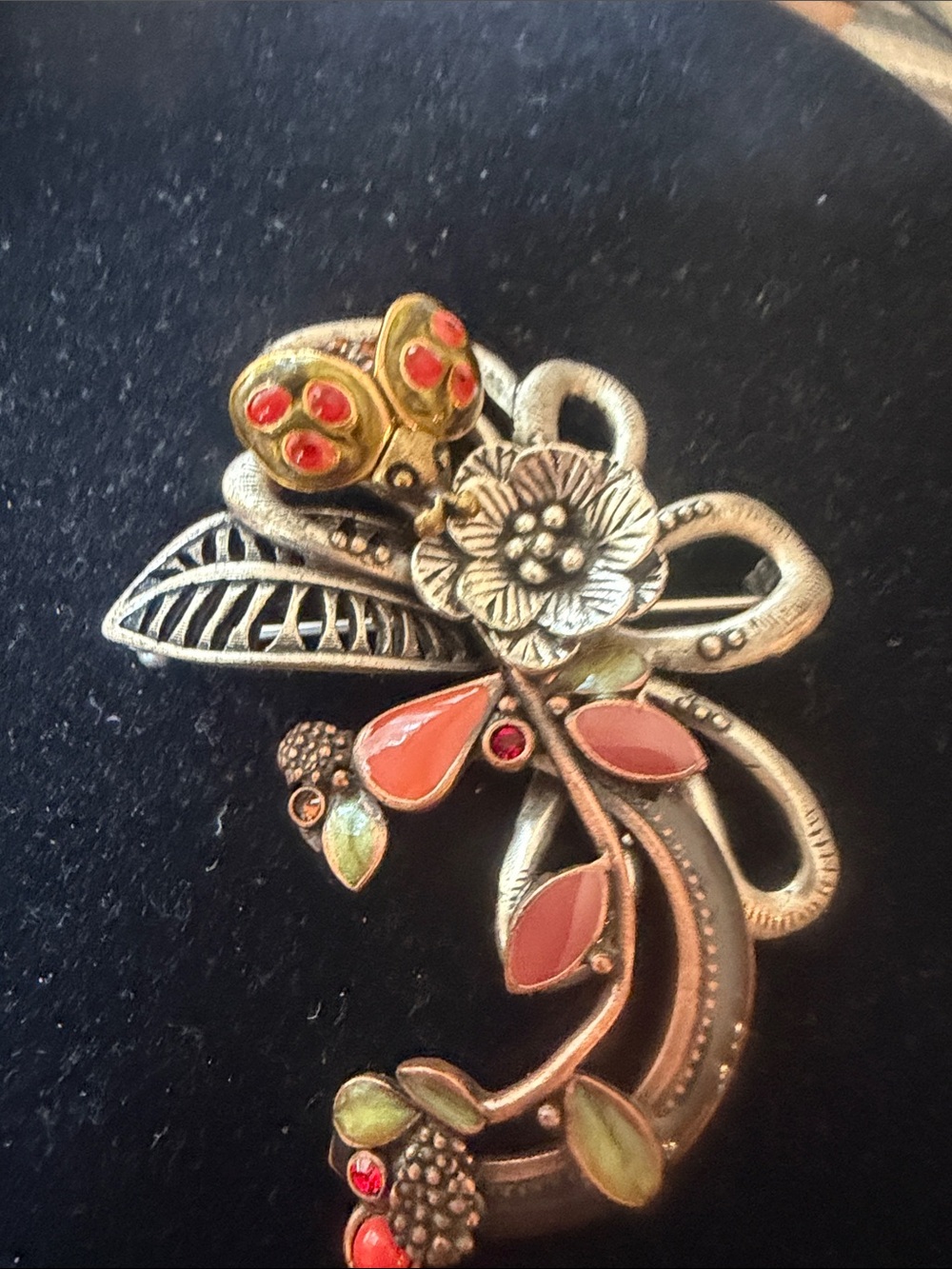 Vintage-Inspired Chicos  Floral Brooch in Coral and Green